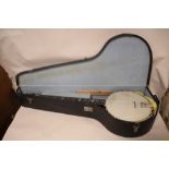 A CASED VINTAGE NEW ERA BANJO WITH MOTHER OF PEARL INLAY