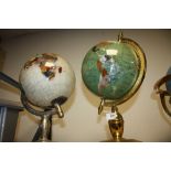 TWO MODERN GEMSTONE GLOBES, ON A/F, OVERALL HEIGHT 43 CM