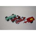 THREE VINTAGE DIE CAST TOY CARS CONSISTING OF MECCANO COOPER BRISTOL, DINKY ALPH ROMEO AND DINKY HWM