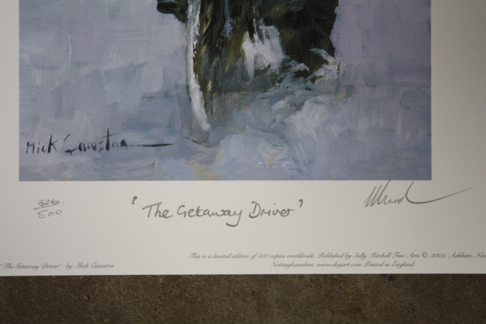 AN ORIGINAL SIGNED LIMITED EDITION MICK CAWSTON PRINT ENTITLED THE GETAWAY DRIVER 326/500 - - Image 3 of 3