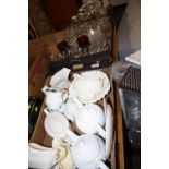 A TRAY OF MOSTLY PLAIN WHITE TEAPOTS TOGETHER WITH A TRAY OF GLASSWARE AND A SMALL TRAY OF METALWARE