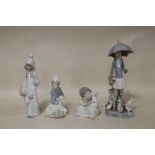 FOUR LLADRO FIGURES TO INCLUDE A GIRL WITH A PARASOL A/F