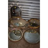 A COLLECTION OF MIRRORS TO INCLUDE CIRCULAR AND OVAL GILT FRAMED EXAMPLES (5)