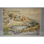 A FRAMED AND GLAZED WATERCOLOUR DEPICTING CRAIL HARBOUR, FIFE, SCOTLAND SIGNED R. CAY - SIZE 36.