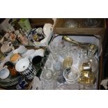 TWO BOXES OF GLASSWARE TO INCLUDE A SMALL END OF DAY GLASS FISH TOGETHER WITH TWO TRAYS OF