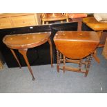 AN OAK SMALL BARLEYTWIST GATELEG TABLE AND A DEMI-LUNE TABLE (2)