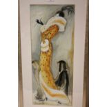A MODERN FRAMED AND GLAZED KAREN DUPRE PRINT OF AN ART DECO STYLE LADY WITH TWO DOGS - SIZE