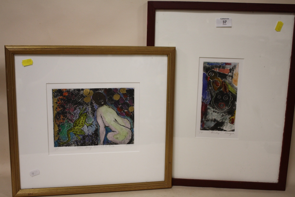 TWO MODERN FRAMED AND GLAZED ABSTRACT LIMITED EDITION PICTURES ENTITLED 'BIRDY' 1/5 AND 'THE FROG