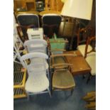 A VINTAGE MAHOGANY COMMODE STOOL, A STANDARD LAMP AND SHADE AND TWO PAIRS OF CHAIRS (6)