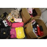 TWO LARGE BOXES OF MODERN LADIES HANDBAGS ETC.