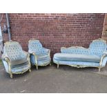 A LOUIS XV STYLE CARVED CHAISE LONGUE AND TWO CHAIRS (3)