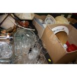 FIVE BOXES OF ASSORTED CERAMICS AND GLASSWARE ETC. TO INCLUDE A MODERN COPPER EFFECT CHAMPAGNE