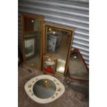 A COLLECTION OF WALL MIRRORS TO INCLUDE A CERAMIC FRAMED EXAMPLE, TEAK FRAMED EXAMPLE ETC (5)