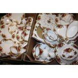 FOUR TRAYS OF ROYAL ALBERT OLD COUNTRY ROSES CHINA TO INCLUDE CUPS AND SAUCERS, CLOCK, PICTURE