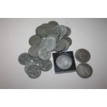 A COLLECTION OF SILVER AND WHITE METAL COINAGE TO INCLUDE A SILVER GEORGE III CROWN, 1928 SILVER