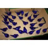 A TRAY OF BLUE GLASS BIRD SHAPED PAPERWEIGHTS (30 APPROX)