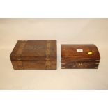 A DOME TOPPED WOODEN JEWELLERY BOX WITH BRASS INLAY, TOGETHER WITH AN INLAID MAHOGANY WORKBOX