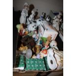 TWO TRAYS OF CERAMIC AND OTHER FIGURES, MONEY BANKS ETC.