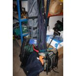 A QUANTITY OF FISHING GEAR TO INCLUDE NETS, BAGS, CAMPING CHAIR ETC