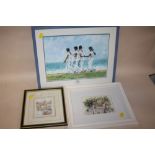 A FRAMED AND GLAZED MODERN GOUACHE DEPICTING LADIES ON A BEACH TOGETHER WITH A WATERCOLOUR OF A