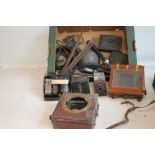 TWO TRAYS OF ASSORTED VINTAGE PHOTOGRAPHIC EQUIPMENT to include box brownies, cases, plate holders