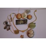 A YELLOW METAL CAMEO BROOCH and a quantity of assorted costume jewellery