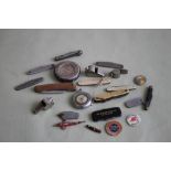 A BOX OF ASSORTED PEN KNIFE, BADGES, WHISTLES ETC., to include some advertising examples