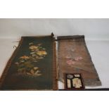 AN ORIENTAL SCROLL WITH EMBROIDERED DECORATION OF FLOWERS AND BUTTERFLIES, together with a painted