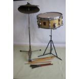 A "PREMIER" 14½" SNARE DRUM ON STAND, together with a pedal cymbal and drumsticks (2)