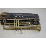 A VINTAGE CORTON BRASS TRUMPET, with original case, trumpet length 50 cm