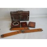 A 19TH CENTURY MAHOGANY PLATE CAMERA A/F IN LEATHER CASE WITH A TRIPOD