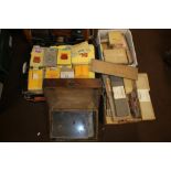 FIVE BOXES OF ASSORTED PHOTOGRAPHIC PLATES, PAPER ETC. to include a mahogany box of plates (5)