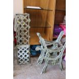 THREE PAIRS OF CAST BENCH ENDS PLUS TABLE AND BENCH BACK INSERTS