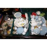 THREE TRAYS OF ASSORTED CHINA AND CERAMICS TO INCLUDE WEDGWOOD CHINA AND PORTMEIRION (PLASTIC