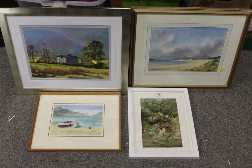 THREE ASSORTED WATERCOLOURS TO INCLUDE SEASCAPES TOGETHER WITH AN OIL PAINTING OF BUILDINGS IN A