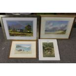 THREE ASSORTED WATERCOLOURS TO INCLUDE SEASCAPES TOGETHER WITH AN OIL PAINTING OF BUILDINGS IN A