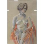 A FRAMED AND GLAZED PASTEL OF A SEATED FEMALE NUDE INITIALED MS LOWER RIGHT - SIZE H 58 CM BY W 42