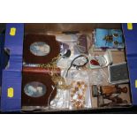 A TRAY OF COLLECTABLES TO INCLUDE OVAL PORTRAIT PRINTS, COSTUME JEWELLERY ETC.