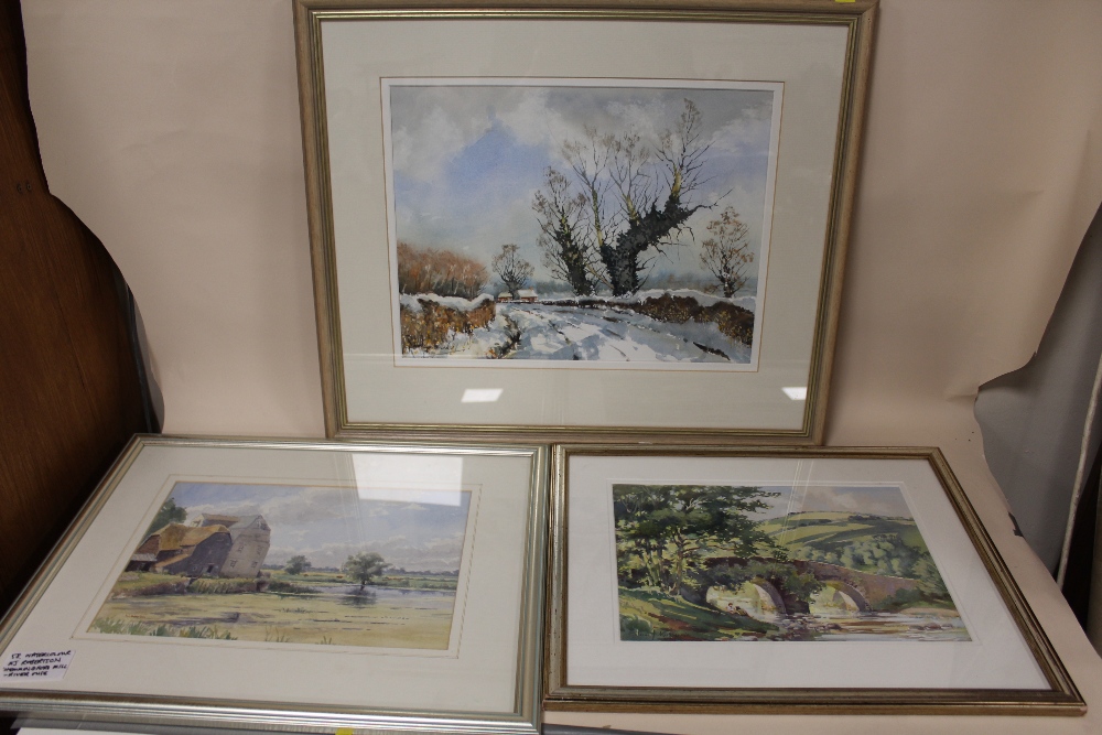 THREE FRAMED AND GLAZED WATERCOLOURS CONSISTING OF 'HEMMINGFORD MILL RIVER OUSE', 'OARE VALLEY' BY