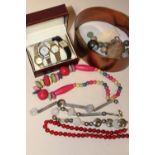 A BOX OF LADIES WRISTWATCHES AND COSTUME JEWELLERY ETC.