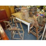 THREE ASSORTED VINTAGE 'END OVER END' BUTTER CHURNS AND STANDS - ALL IN POOR ORDER A/F