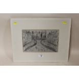 CIRCLE OF L.S LOWRY AN UNFRAMED MOUNTED PENCIL SKETCH OF A BUSY STREET SCENE IN SALFORD SIZE - 25.