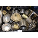 TWO BOXES OF ASSORTED METALWARE TO INCLUDE A COPPER KETTLE, SILVER PLATED GOBLETS