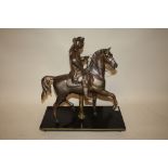 A HEAVY CAST IRON FIGURE OF HORSEBACK - POSSIBLY GEORGE WASHINGTON, mounted on a thick steel base wi