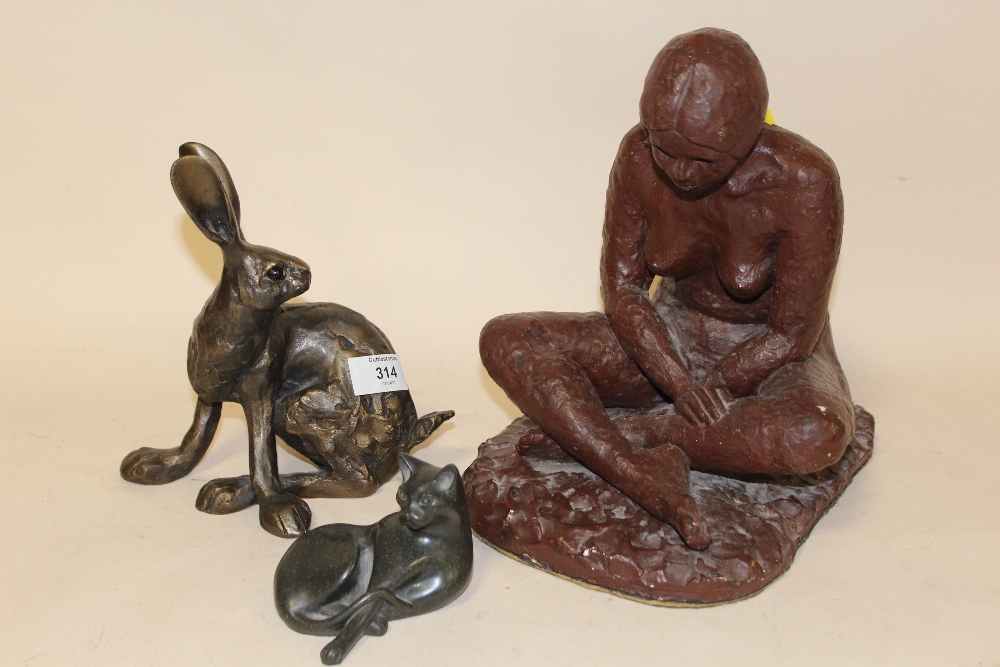 A STUDIO STYLE FIGURE OF A SEATED FEMALE NUDE TOGETHER WITH A FRITH SCULPTURE OF A HARE AND A AT