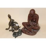 A STUDIO STYLE FIGURE OF A SEATED FEMALE NUDE TOGETHER WITH A FRITH SCULPTURE OF A HARE AND A AT