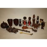 A COLLECTION OF AFRICAN CARVED WOODEN TRIBAL STYLE FIGURES TOGETHER WITH TWO WOODEN FIGURATIVE