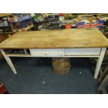 A LARGE ANTIQUE SCRUBTOP TYPE THREE DRAWER TABLE - H-80 W-204 D-88 CM - ONE DRAWER MISSING