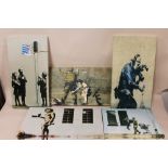 FIVE MODERN BANKSY PRINTS ON CANVAS LARGEST SIZE - 45CM X 25CM