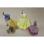 A BESWICK 1180 COCKATOO FIGURE, S/D, TOGETHER WITH TWO COALPORT FIGURES